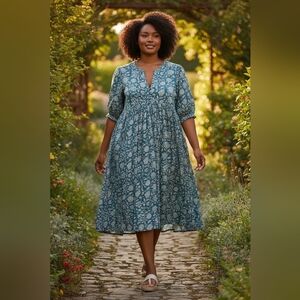Daughters of India Kyra Midi Dress Ocean Blue 3XL Floral Boho Cottagecore Tiered